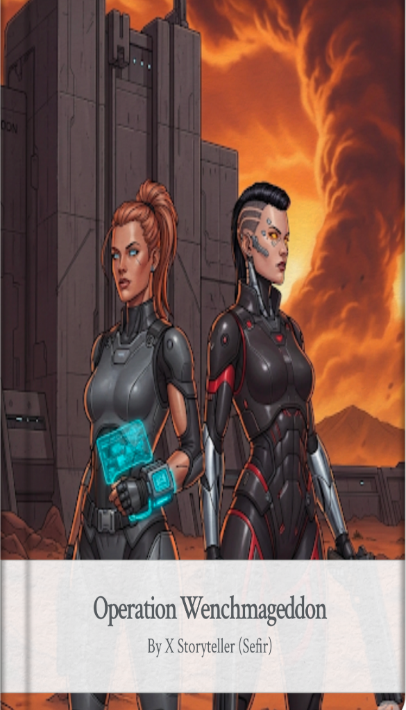 Two characters in futuristic suits with a cityscape and fiery sky in the background, featuring the text 'Operation Wenchmageddon' by X Storyteller (Sefir).