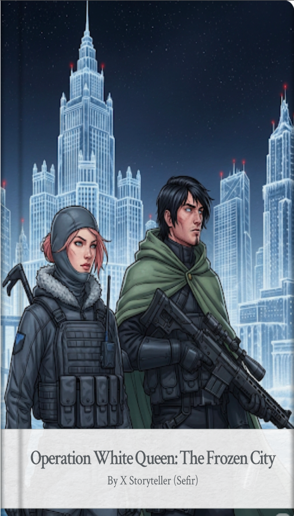 Book cover of 'Operation White Queen: The Frozen City' featuring two characters in a futuristic cityscape.
