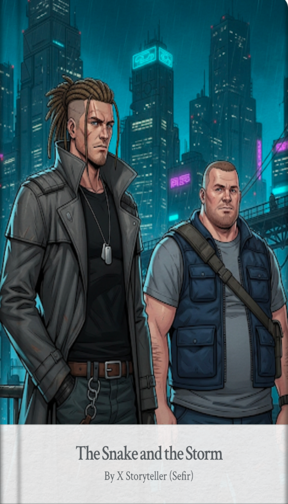 Two characters standing in front of a city skyline with 'The Snake and the Storm' text below.